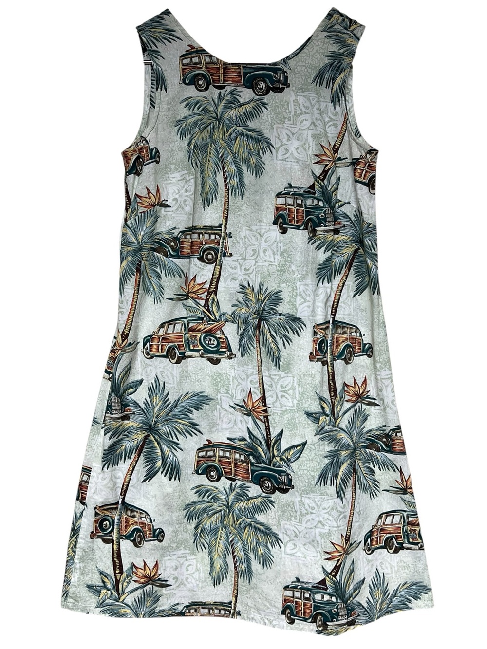 Hilo Hattie cotton poplin sleeveless vintage surf wagon palm tree print dress